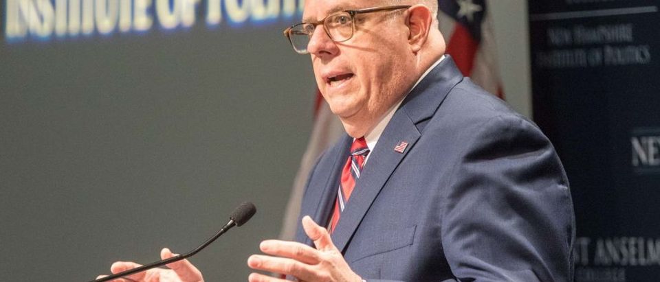 Maryland Gov. Larry Hogan speaks at the New Hampshire Institute of Politics as he mulls a Presidential run on April 23, 2019 in Manchester, New Hampshire. (Photo by Scott Eisen/Getty Images)