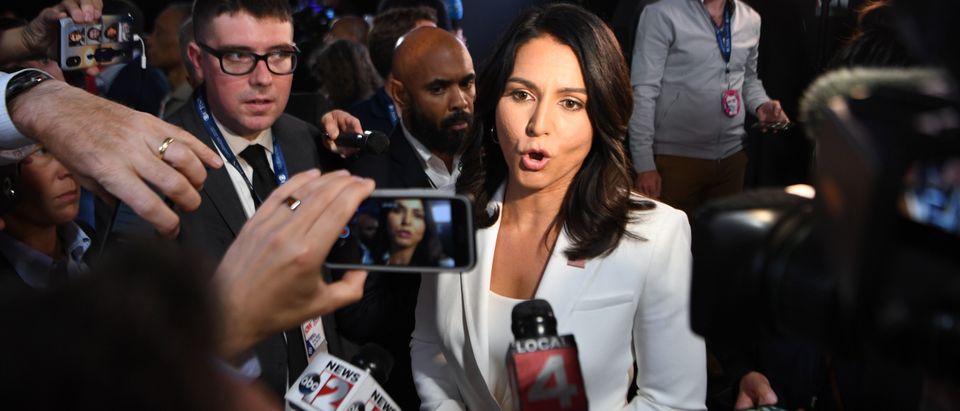 Rep. Tulsi Gabbard speaks to reporters in the spin room after the second round of the second Democratic primary debate of the 2020 presidential campaign season hosted by CNN at the Fox Theatre in Detroit, Michigan on July 31, 2019. (Photo: JIM WATSON/AFP/Getty Images)
