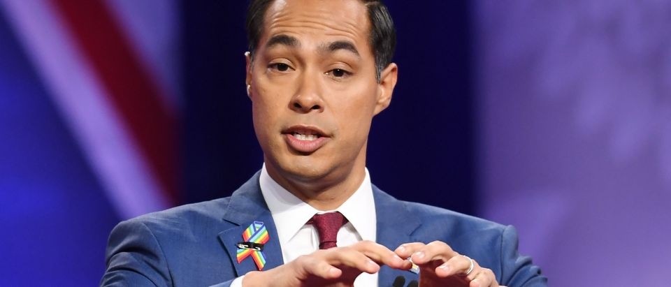 Democratic presidential hopeful former Secretary of Housing and Urban Development Julian Castro speaks during a town hall devoted to LGBTQ issues hosted by CNN and the Human rights Campaign Foundation at The Novo in Los Angeles on Oct. 10, 2019. (Photo by ROBYN BECK/AFP via Getty Images)