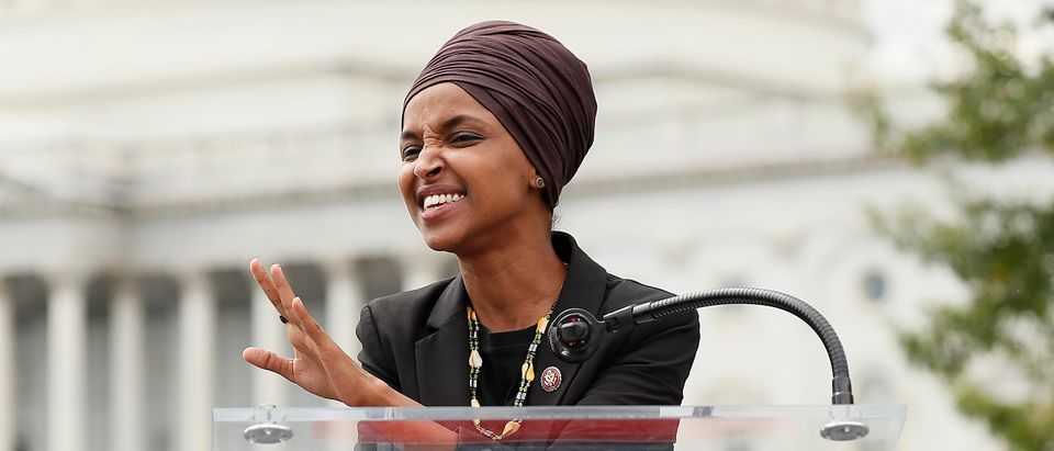 Rep. Ilhan Omar speaks at the “Impeachment Now!” rally in support of an immediate inquiry towards articles of impeachment against U.S. President Donald Trump on the grounds of the U.S. Capital on Sept. 26, 2019 in Washington, D.C. (Photo by Paul Morigi/Getty Images for MoveOn Political Action)