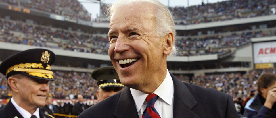 PHILADELPHIA - DECEMBER 8: Vice President of the United States Joe Biden smiles as he stands at midfield during the coin toss before a game between the Army Black Knights and the Navy Midshipmen on December 8, 2012 at Lincoln Financial Field in Philadelphia, Pennsylvania. (Photo by Hunter Martin/Getty Images)