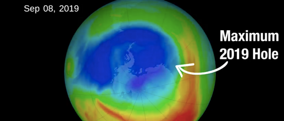 The hole in the ozone layer shrank to its smallest size since scientists began recording it, NASA and the National Oceanic and Atmospheric Administration said Monday. NASA image/ screen grab