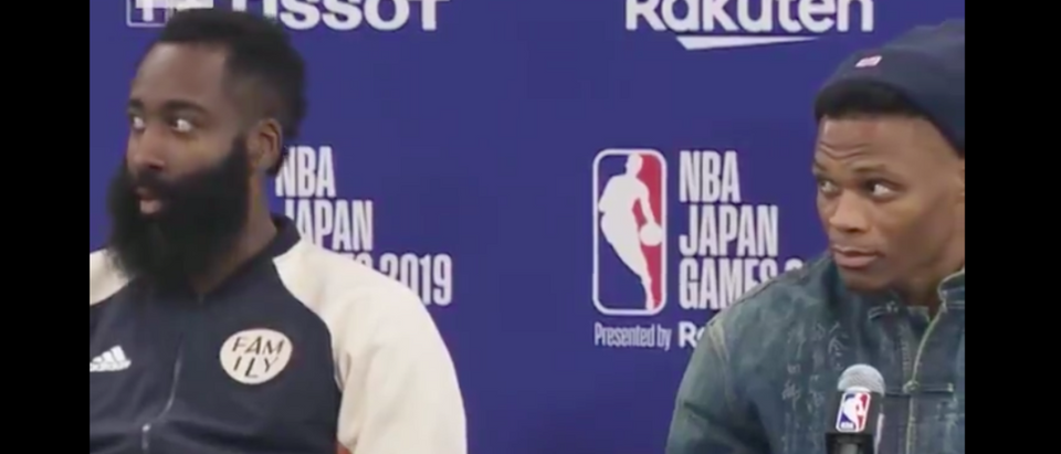 The Houston Rockets news conference in Tokyo is pictured. Twitter video/ CNN