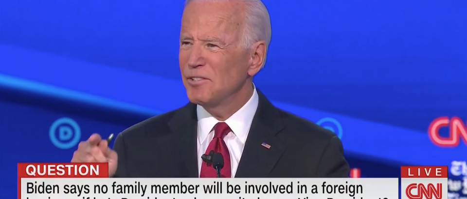 Former Vice President Joe Biden was the only 2020 presidential candidate on the Democratic primary debate stage Tuesday night to be allotted time to discuss his son's foreign business scandal. Biden/ CNN