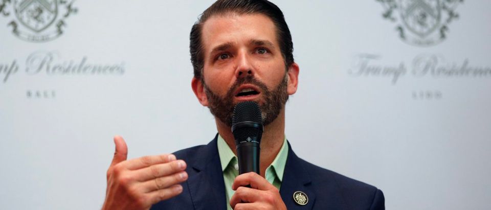 Executive Vice President of The Trump Organization, Donald J. Trump Jr., gestures as he speaks during a news conference following pre-launch of the Trump Residences in Jakarta