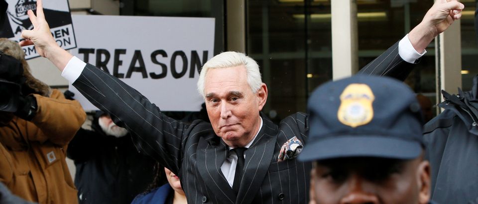 Roger Stone, longtime political ally of U.S. President Donald Trump, flashes a victory gesture as he departs following a status conference in the criminal case against him brought by Special Counsel Robert Mueller at U.S. District Court in Washington, U.S., Feb.1, 2019. REUTERS/Jim Bourg