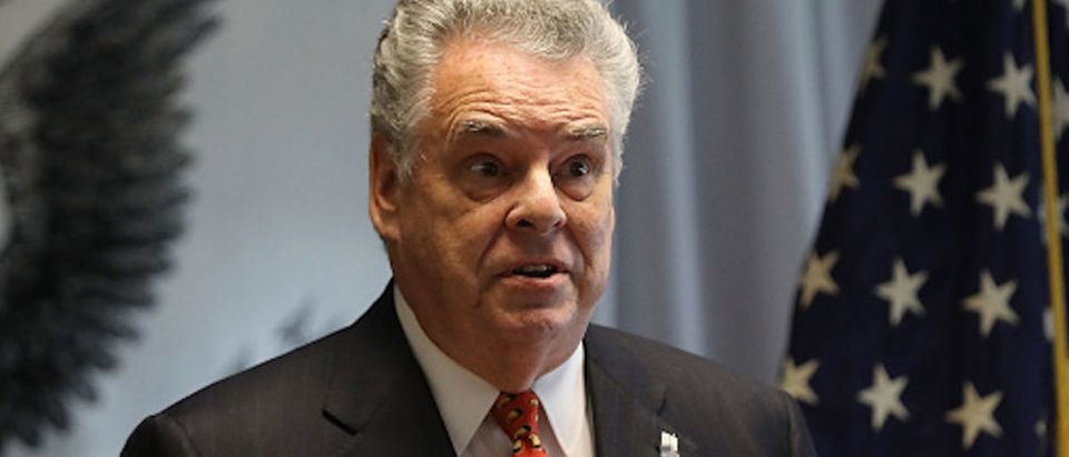 Long Island Congressman Peter King introduces Attorney General Jeff Sessions before he speaks to local, state and federal law enforcement about a recent spate of gang related killings on April 28, 2017