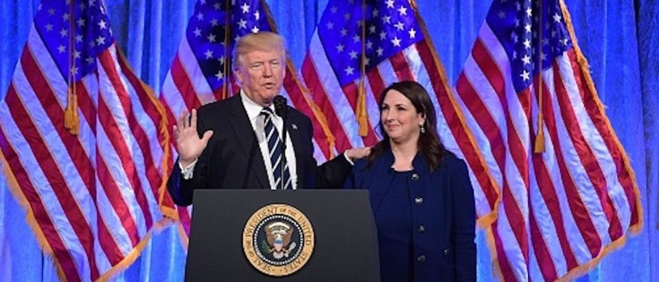 President Donald Trump speaks after his introduction by RNC Chairwoman Ronna Romney McDaniel at a fundraising breakfast in a restaurant in New York, New York on December 2, 2017