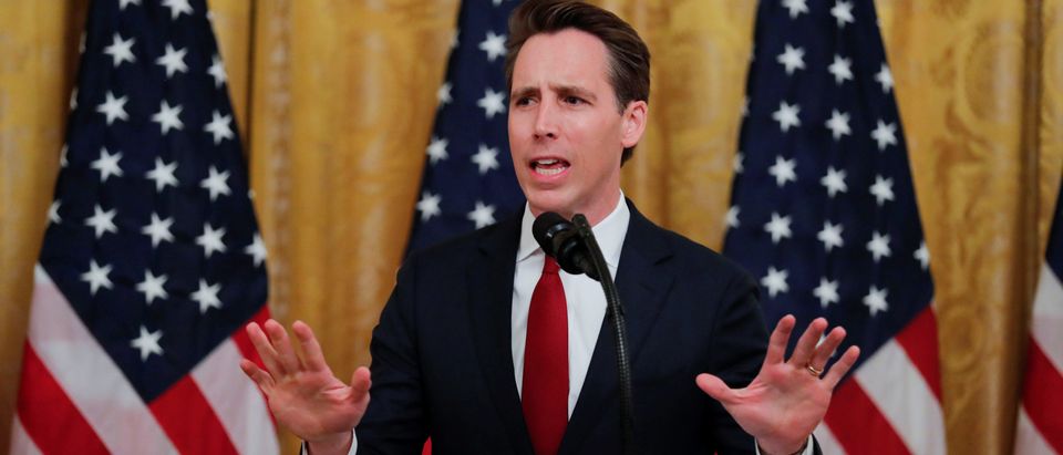 U.S. Sen. Josh Hawley addresses U.S. President Donald Trump's social media summit with prominent conservative social media figures in the East Room of the White House in Washington, U.S., July 11, 2019. REUTERS/Carlos Barria