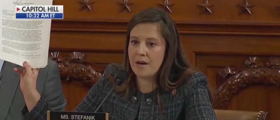 Rep. Elise Stefanik interrupts House Intelligence Committee Chairman Adam Schiff. Screen Shot/Fox News