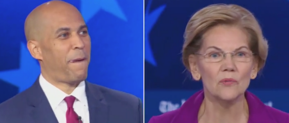 Cory Booker and Elizabeth Warren square off in debate. Screen Shot/MSNBC