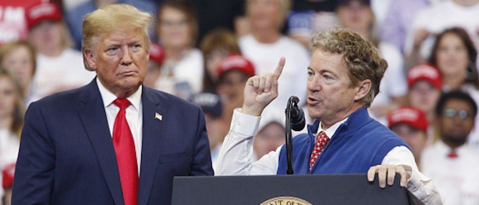 Senator Rand Paul, a Republican from Kentucky, right, speaks during a rally with U.S. President Trump in Lexington, Kentucky, U.S., on Monday, Nov. 4, 2019