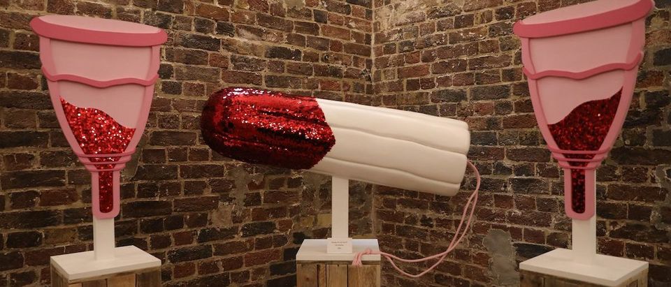 Models of a pair of menstrual cups and a tampon are on display during the press preview of the new Vagina Museum in Camden market, north London on November 14, 2019. (Photo by ISABEL INFANTES/AFP via Getty Images)