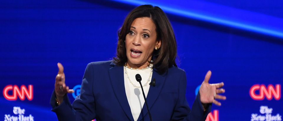 Democratic presidential hopeful California Senator Kamala Harris gestures as she speaks during the fourth Democratic primary debate of the 2020 presidential campaign season co-hosted by The New York Times and CNN at Otterbein University in Westerville, Ohio on October 15, 2019. (SAUL LOEB/AFP via Getty Images)