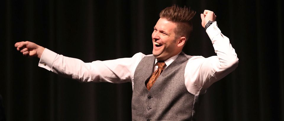 White nationalist Richard Spencer, who popularized the term "alt-right" reacts to the audience as he speaks at the Curtis M. Phillips Center for the Performing Arts on October 19, 2017 in Gainesville, Florida. Spencer delivered a speech on the college campus his first since he and others participated in the "Unite the Right" rally which turned violent in Charlottesville, Virginia. (Photo by Joe Raedle/Getty Images)