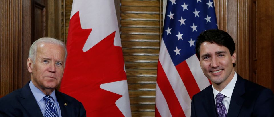 Canada's PM Trudeau and U.S. Vice President Biden take part in a meeting in Trudeau's office on Parliament Hill in Ottawa