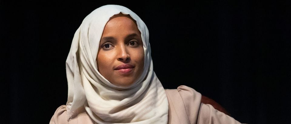 US Representative Ilhan Omar (D-MN) speaks on stage during a town hall meeting at Sabathani Community in Minneapolis, Minnesota on July 18, 2019. (KEREM YUCEL/AFP via Getty Images)