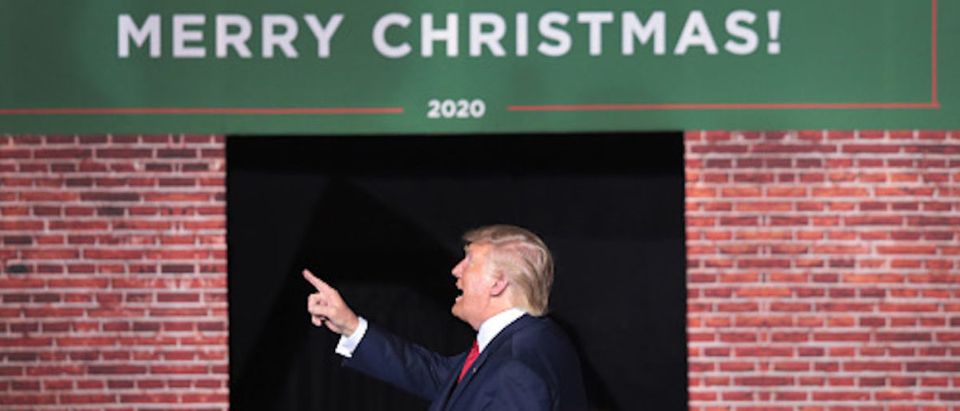 President Donald Trump leaves his Merry Christmas Rally at the Kellogg Arena on December 18, 2019 in Battle Creek, Michigan