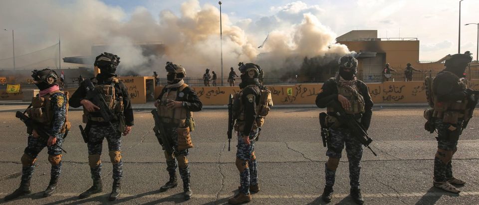Iraqi security forces are deployed in front of the US embassy in the capital Baghdad, after an order from the Hashed al-Shaabi paramilitary force to supporters to leave the compound on January 1, 2020. (AHMAD AL-RUBAYE/AFP via Getty Images)