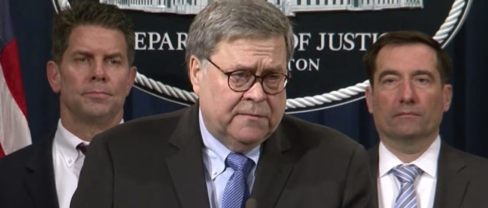 Attorney General William Barr, Jan. 13, 2019, is at Justice Department headquarters in Washington, D.C. (YouTube screen grab/Justice Department)