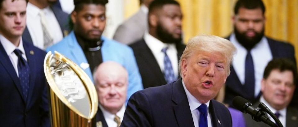 US President Donald Trump takes part in an event honoring the 2019 College Football National Champions, the Louisiana State University Tigers, in the East Room of the White House in Washington, DC, on January 17, 2020. (Photo by MANDEL NGAN / AFP) (Photo by MANDEL NGAN/AFP via Getty Images)