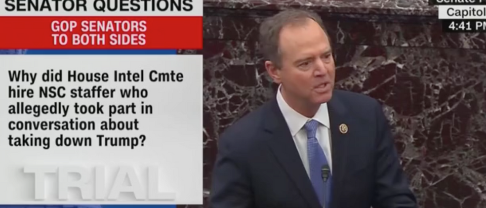 Rep. Adam Schiff answers questions on impeachment in the Senate. Screen Shot/CNN