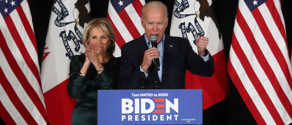 DES MOINES, IOWA - FEBRUARY 03: Democratic presidential candidate former Vice President Joe Biden and wife Dr. Jill Biden greet supporters at a caucus night watch party on February 03, 2020 in Des Moines, Iowa. Iowa is the first contest in the 2020 presidential nominating process with the candidates then moving on to New Hampshire. (Photo by Justin Sullivan/Getty Images)