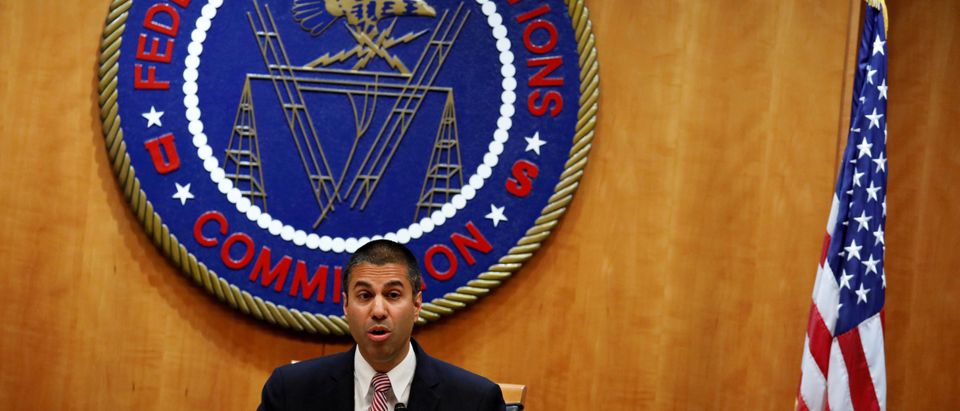 FILE PHOTO: Chairman Ajit Pai speaks ahead of the vote on the repeal of so called net neutrality rules at the Federal Communications Commission in Washington
