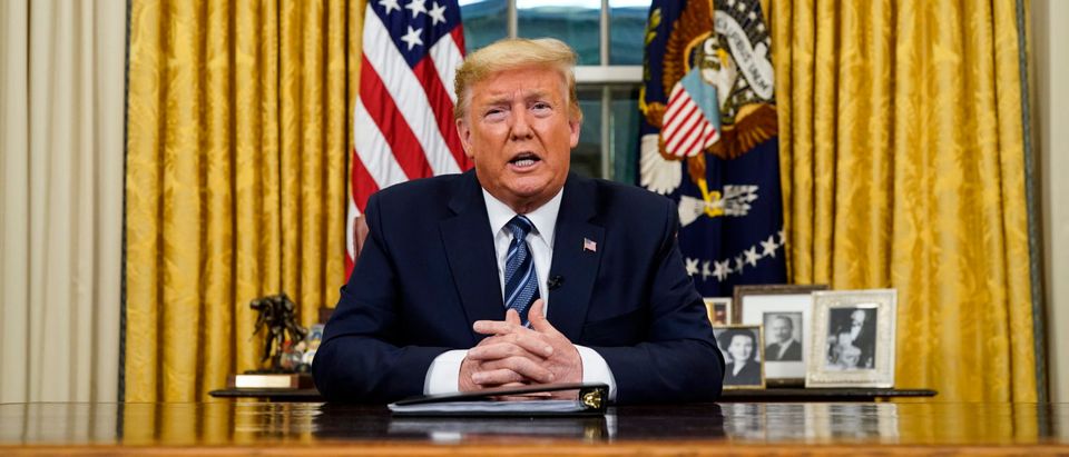 WASHINGTON, DC - MARCH 11: US President Donald Trump addresses the nation from the Oval Office about the widening coronavirus crisis on March 11, 2020 in Washington, DC. President Trump said the US will suspend all travel from Europe for the next 30 days. Since December 2019, coronavirus (COVID-19) has infected more than 109,000 people and killed more than 3,800 people in 105 countries. (Photo by Doug Mills-Pool/Getty Images)