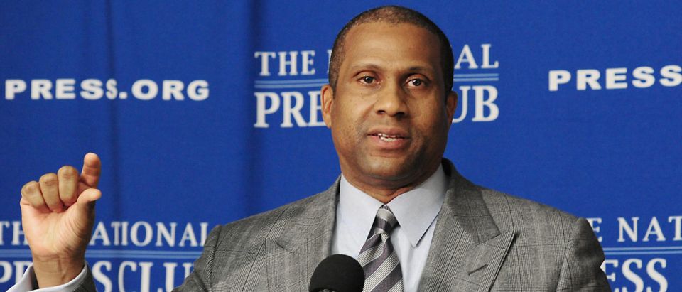 Tavis Smiley speaks during at a “Taking power back from banks for consumers, and the fight against poverty” event January 12, 2012 at the National Press Club in Washington, DC. Smiley, along with Princeton University Professor Dr. Cornel West and Personal finance guru Suze Orman spoke about Orman's “People First” movement on behalf of consumers to fight banks and their fees. Those fees hit the poorest Americans hardest and their efforts to restore the nation’s prosperity as more and more Americans slip into poverty and unemployment. AFP PHOTO/Karen BLEIER (Photo credit should read KAREN BLEIER/AFP via Getty Images)