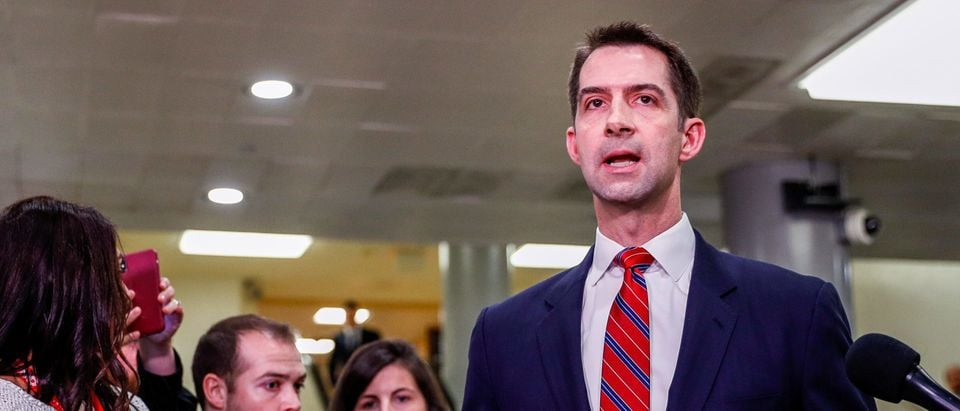 U.S. Senator Cotton speaks after national security briefing on Iran on Capitol Hill in Washington