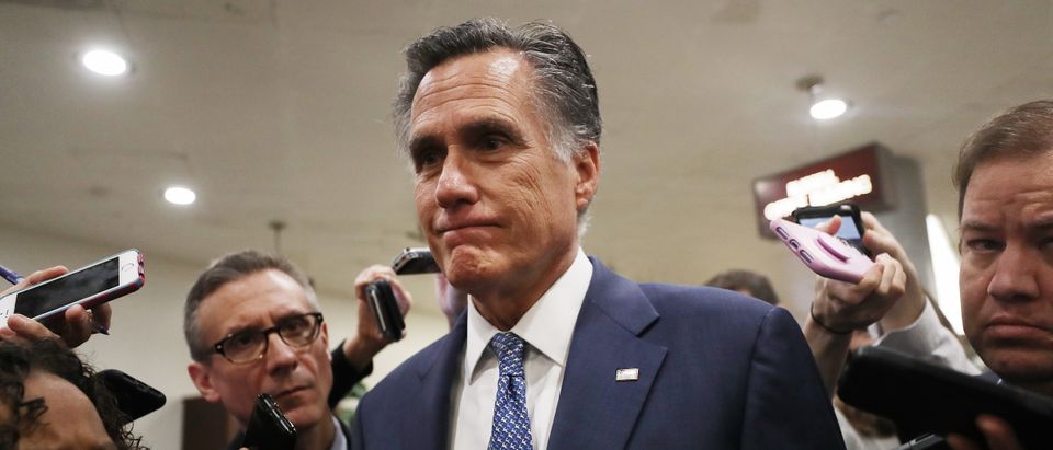 WASHINGTON, DC - JANUARY 29: Sen. Mitt Romney (R-UT) speaks to reporters upon arrival to the U.S. Capitol for the continuation of the Senate impeachment trial on January 29, 2020 in Washington, DC. The next phase of the trial, in which senators will be allowed to ask written questions, will extend into tomorrow. (Photo by Mario Tama/Getty Images)