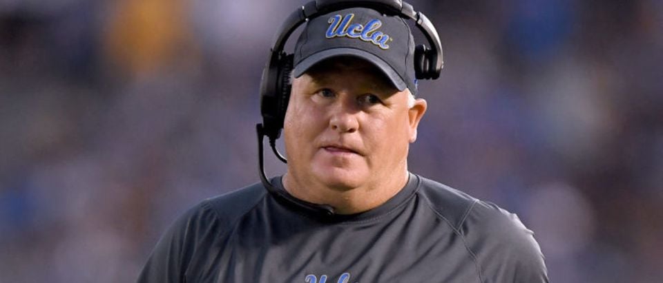 PASADENA, CA - SEPTEMBER 01: Head coach Chip Kelly of the UCLA Bruins reacts during a timeout trailing 19-17 to the Cincinnati Bearcats during the fourth quarter at Rose Bowl on September 1, 2018 in Pasadena, California. (Photo by Harry How/Getty Images)