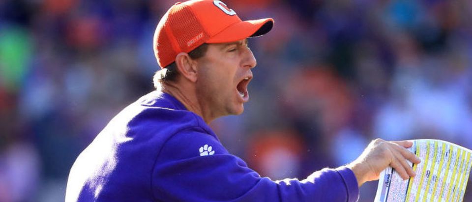 CLEMSON, SOUTH CAROLINA - NOVEMBER 02: Head coach Dabo Swinney of the Clemson Tigers reacts against the Wofford Terriers during their game at Memorial Stadium on November 02, 2019 in Clemson, South Carolina. (Photo by Streeter Lecka/Getty Images)