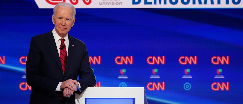 Democratic presidential hopeful former US vice president Joe Biden is seen on stage as he and Senator Bernie Sanders take part in the 11th Democratic Party 2020 presidential debate in a CNN Washington Bureau studio in Washington, DC on March 15, 2020. (Photo by MANDEL NGAN/AFP via Getty Images)