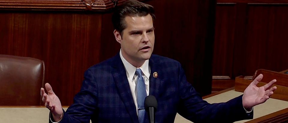 Rep. Matt Gaetz speaks ahead of a vote on impeachment against President Trump on Capitol Hill