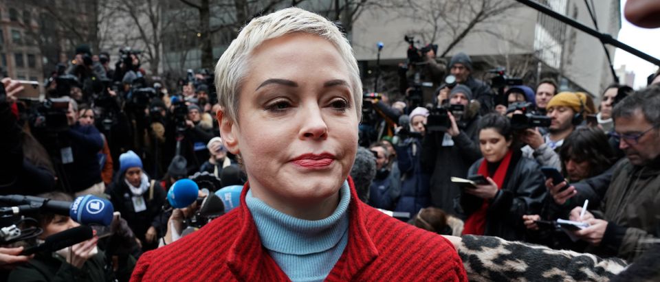 Actress Rose McGowan speaks during a press conference, after Harvey Weinstein arrived at State Supreme Court in Manhattan January 6, 2020 on the first day of his criminal trial on charges of rape and sexual assault in New York City. (TIMOTHY A. CLARY/AFP via Getty Images)