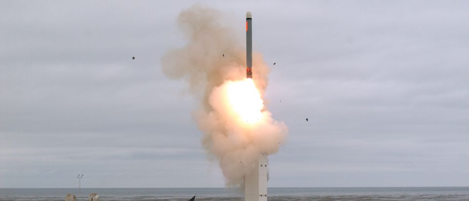 A view of a test missile launch as the Defense Department conducts a flight test of a conventionally configured ground-launched cruise missile at San Nicolas Island