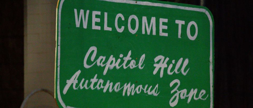 A sign welcomes visitors to the so-called "Capitol Hill Autonomous Zone" on June 10, 2020 in Seattle, Washington. (David Ryder/Getty Images)