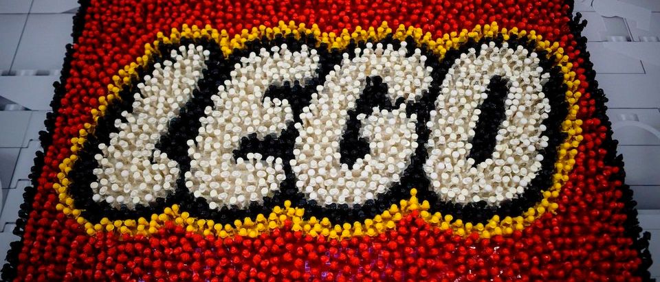 A Lego logo is pictured during the annual New York Toy Fair, at the Jacob K. Javits Convention Center on February 16, 2019 in New York City. (Photo by Johannes EISELE / AFP) (Photo credit: JOHANNES EISELE/AFP via Getty Images)