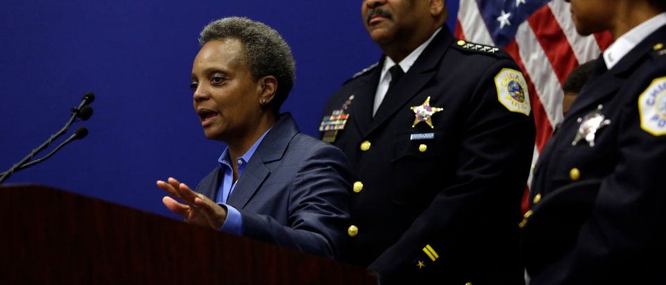 CHICAGO, IL - NOVEMBER 07: Chicago Mayor Lori Lightfoot speaks about Chicago Police Department Superintendent Eddie Johnson announcing his retirement during a news conference with at the Chicago Police Department's headquarters November 7, 2019 in Chicago, Illinois. Johnson who will retire at the end of the year was promoted to Superintendent in 2016 and has been on the police force for 31 years. (Photo by Joshua Lott/Getty Images)