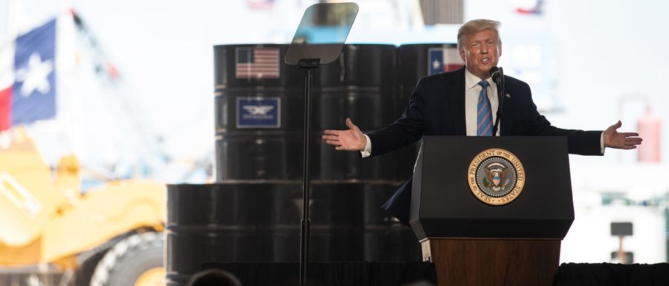 MIDLAND, TX - JULY 29: President Donald Trump speaks to city officials and employees of Double Eagle Energy on the site of an active oil rig on July 29, 2020 in Midland, Texas. Trump began his visit to the Permian Basin at a fundraising event in Odessa and concluded his visit in Midland to discuss his energy policies and tour the oil rig. (Photo by Montinique Monroe/Getty Images)