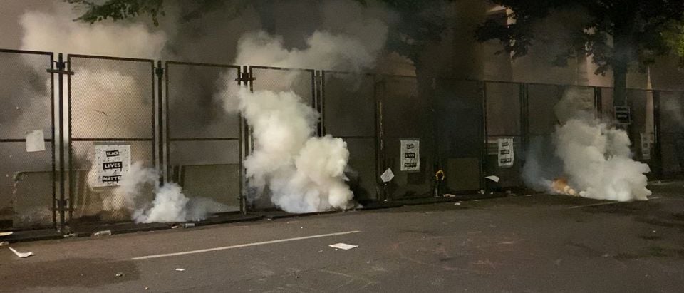 Police officers in Portland, Oregon use tear gas to disperse a crowd surrounding the federal courthouse