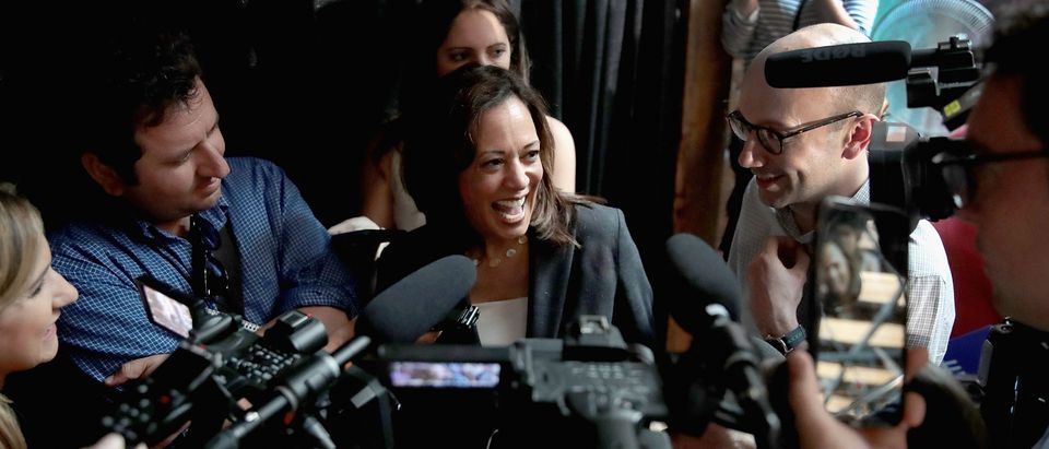 Democratic presidential candidate and California senator Kamala Harris speaks to the press during a visit at the Convivum Urban Farmstead for a campaign stop on June 10, 2019 in Dubuque, Iowa. (Scott Olson/Getty Images)