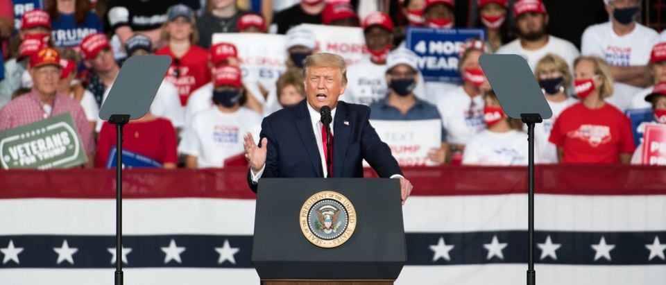 President Donald Trump addresses the crowd during a campaign rally at Smith Reynolds Airport on September 8, 2020 in Winston Salem, North Carolina. (Sean Rayford/Getty Images)