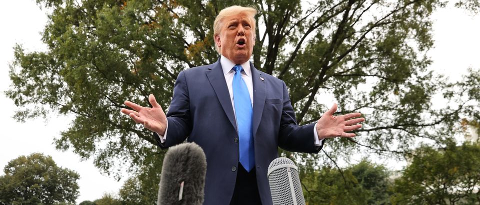 WASHINGTON, DC - SEPTEMBER 24: U.S. President Donald Trump talks to journalists before departing the White House September 24, 2020 in Washington, DC. Trump is traveling to North Carolina, where he is expected to present health care policy goals, and Florida, where he will hold a campaign event. (Photo by Chip Somodevilla/Getty Images)