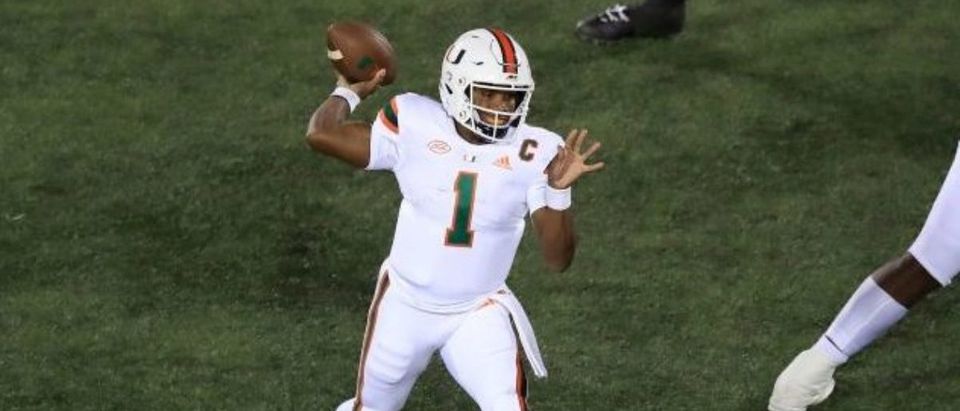 LOUISVILLE, KENTUCKY - SEPTEMBER 19: D' Eriq King #1 of the Miami Hurricanes passes the ball against the Louisville Cardinals at Cardinal Stadium on September 19, 2020 in Louisville, Kentucky. (Photo by Andy Lyons/Getty Images)