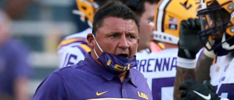 BATON ROUGE, LOUISIANA - SEPTEMBER 26: Head coach Ed Orgeron of the LSU Tigers looks on as his team takes on the Mississippi State Bulldogs during a NCAA football game at Tiger Stadium on September 26, 2020 in Baton Rouge, Louisiana. (Photo by Sean Gardner/Getty Images)