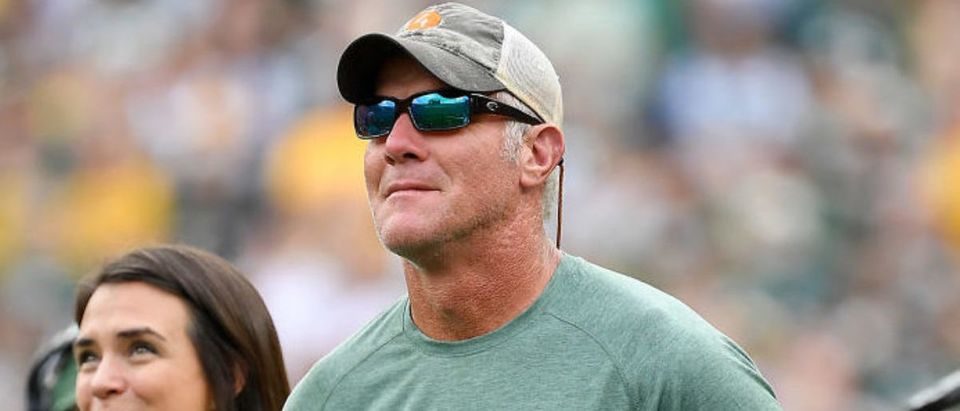 GREEN BAY, WISCONSIN - SEPTEMBER 15: Former quarterback Brett Favre looks on during the halftime ceremony of the game against the Minnesota Vikings at Lambeau Field on September 15, 2019 in Green Bay, Wisconsin. (Photo by Quinn Harris/Getty Images)