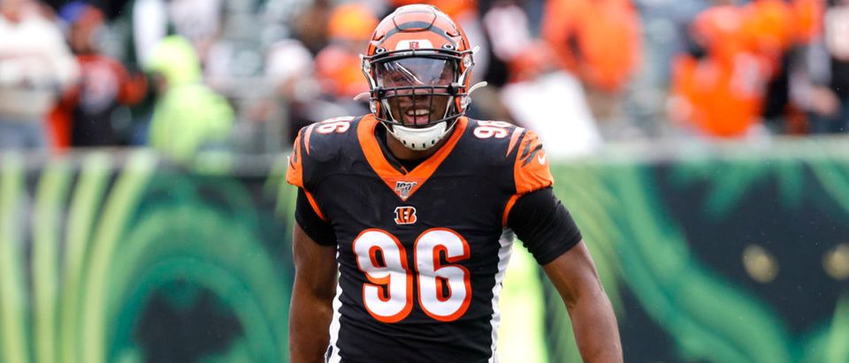 Dec 1, 2019; Cincinnati, OH, USA; Cincinnati Bengals defensive end Carlos Dunlap (96) reacts after a play against the New York Jets during the second half at Paul Brown Stadium. Mandatory Credit: David Kohl-USA TODAY Sports via Reuters